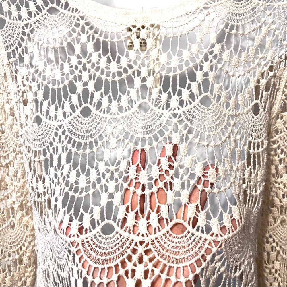 Forgotten Grace-100% Cotton Women's Boho/Hippie Top-Cream-Med-Lace Up-Lace Scall - Picture 10 of 12